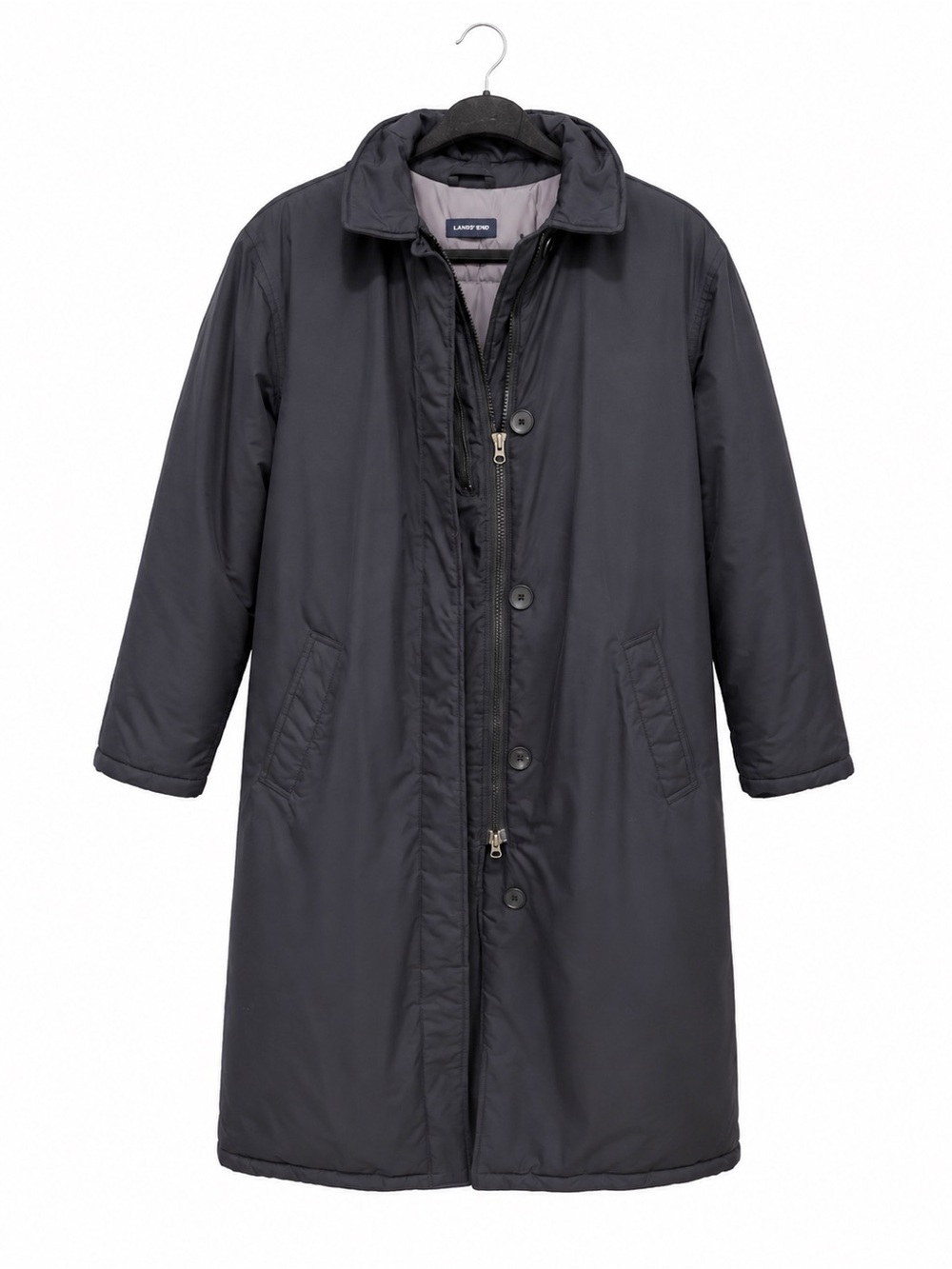 Lands' End Long Quilted Puffer Coat - Charcoal. Removable hood. Size M 10-12